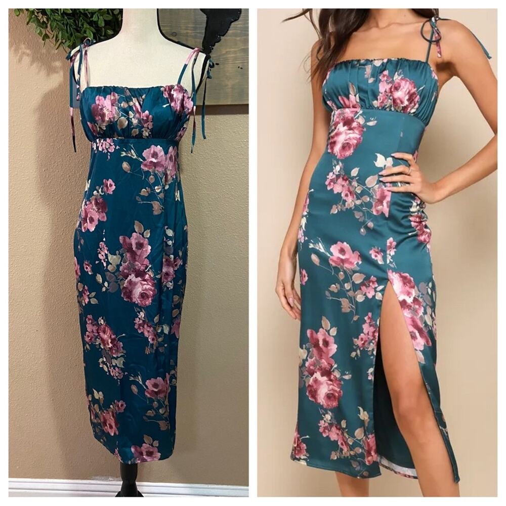 NWOT Lulus Fleur-ty Behavior Teal Floral Satin Tie-Strap Midi Dress, Size M